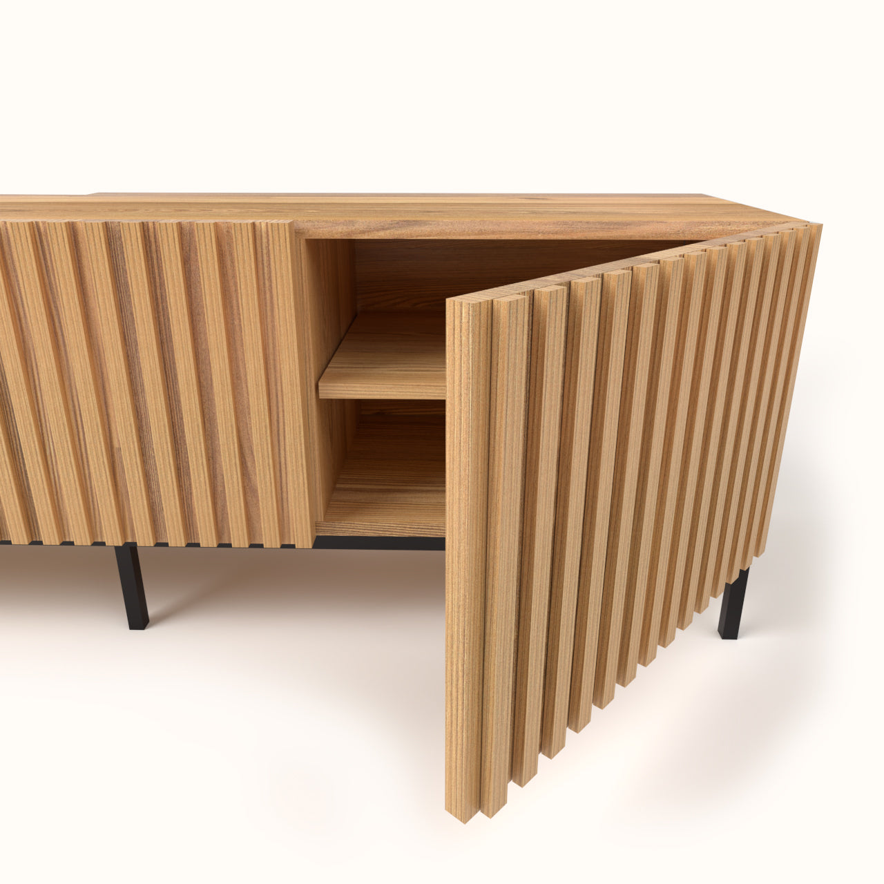 Solid Ash Wood TV Cabinet with Slatted Door